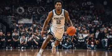 College basketball player with data analytics overlay, representing modern recruiting.