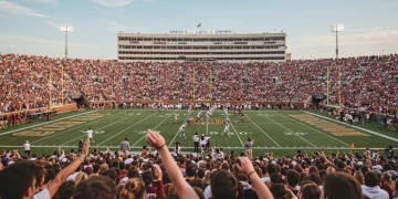 Dynamic college football action in a packed stadium