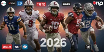 College athletes with streaming logos, symbolizing new broadcasting deals and digital fan access by 2026.