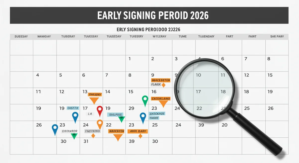 Calendar with highlighted key deadlines for the Early Signing Period 2026 for college athletes.