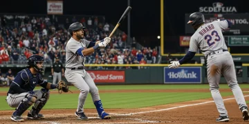 Star player hitting a game-winning home run in the 2025 MLB playoffs, crowd cheering