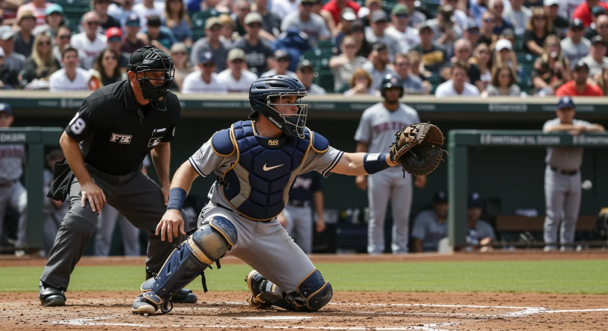 Catcher ready to make a play at home plate, showcasing defensive prowess in MLB.