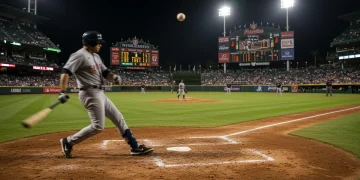 Baseball player hitting a home run under stadium lights