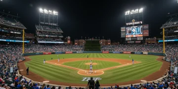 Packed stadium during 2025 MLB Playoffs night game, batter at plate, cheering crowd
