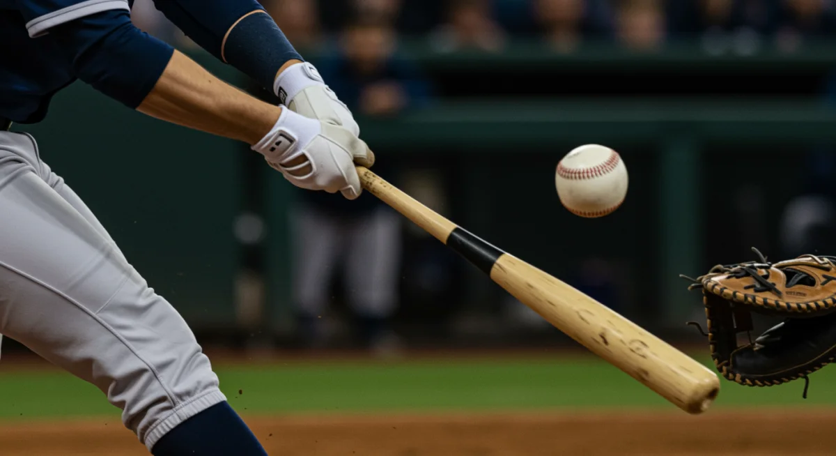 Baseball player demonstrating precision batting with excellent bat-to-ball contact