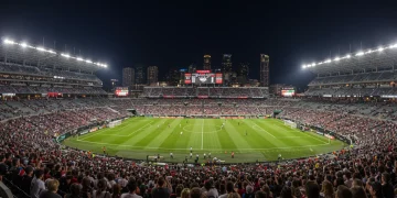 Modern MLS stadium packed with fans, symbolizing financial growth and investment in soccer.