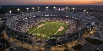 Modern college football stadium with advanced training facilities
