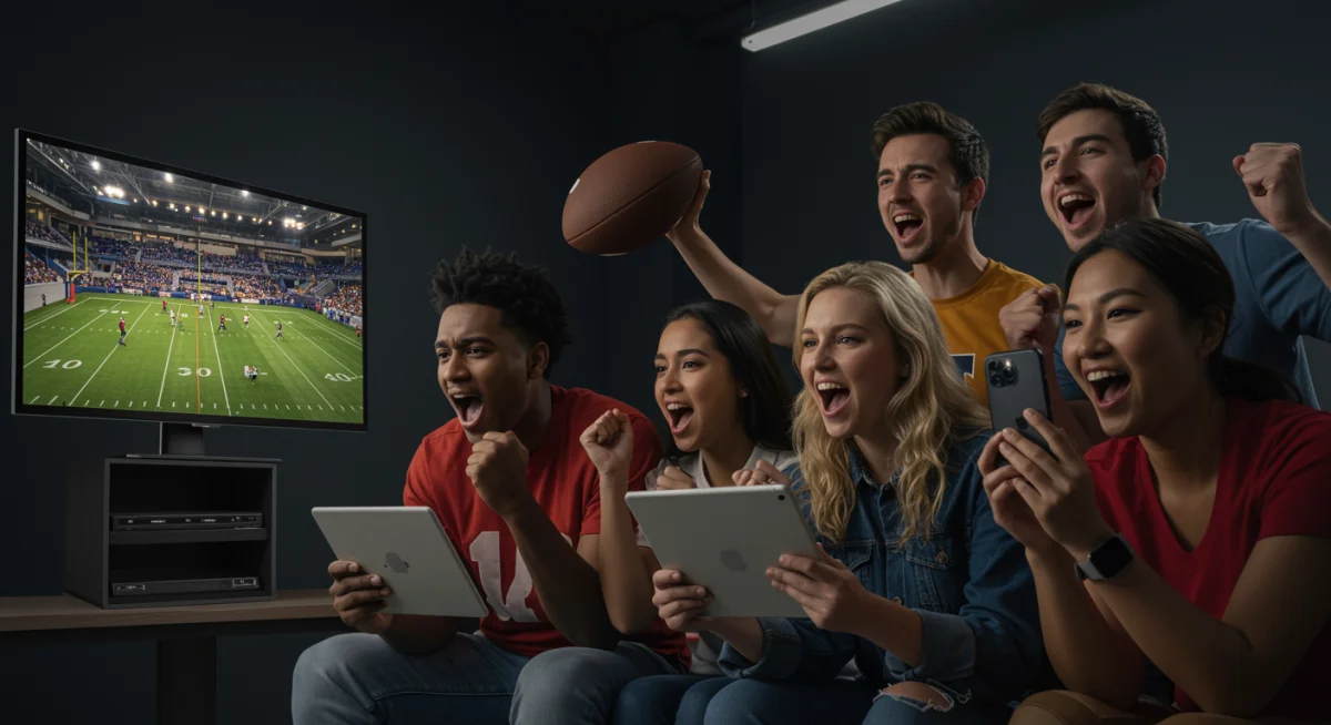 Diverse college sports fans watching games on multiple devices, showcasing enhanced streaming access.