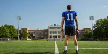 Athlete looking towards college stadium, symbolizing NCAA eligibility journey for 2026 fall enrollment