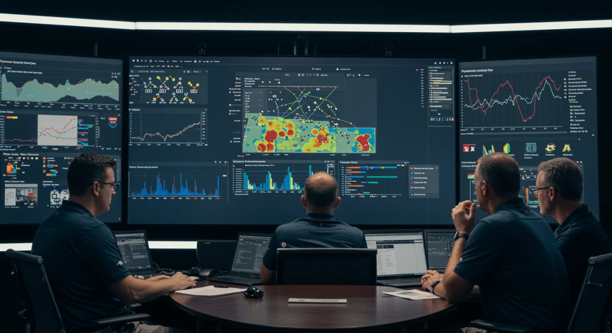 NFL coaches and analysts reviewing advanced data visualizations in a strategy session.