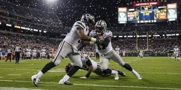 NFL defensive end making a game-winning sack in a crucial moment