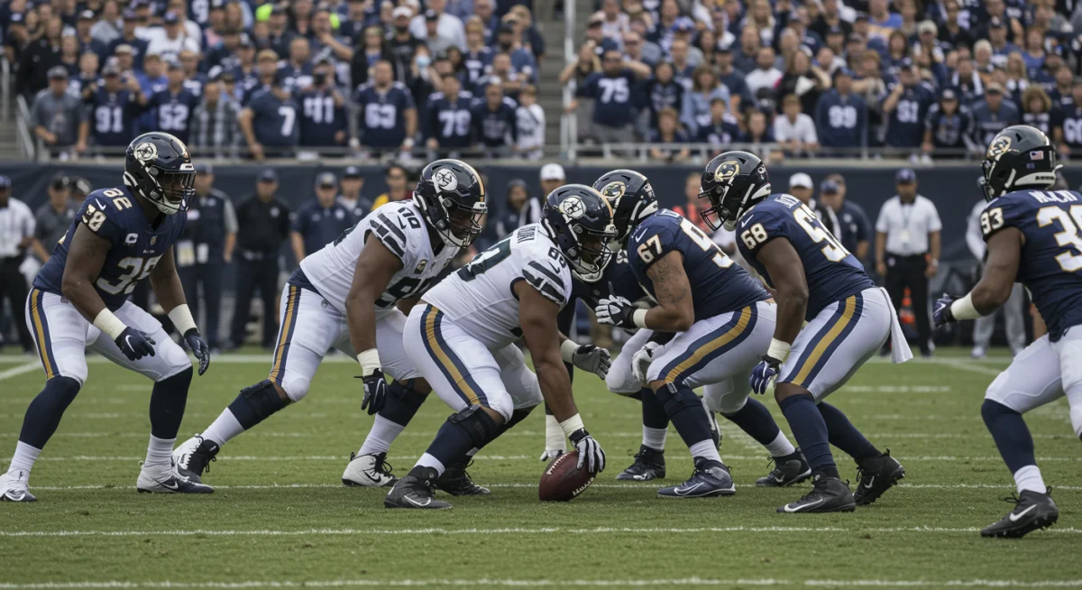 NFL offensive line executing complex blocking scheme for running back