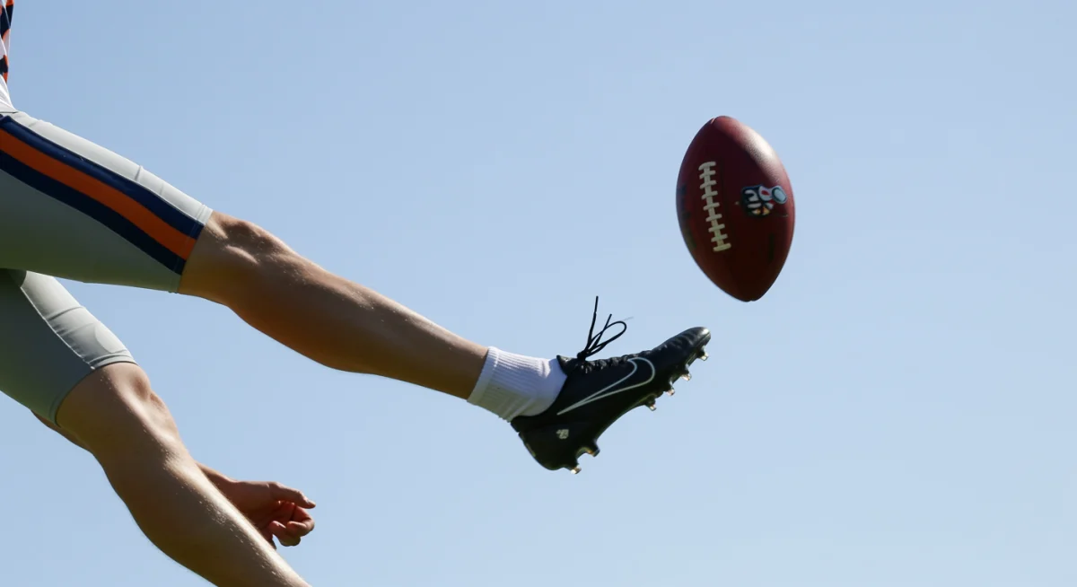 NFL punter executing a perfect kick, ball soaring high