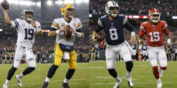 Dynamic image of four top NFL quarterbacks in action during Week 1 2026, showcasing their highlight plays.