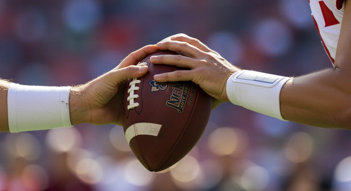 Quarterback's hand firmly gripping a football, symbolizing precision and control during an NFL game.