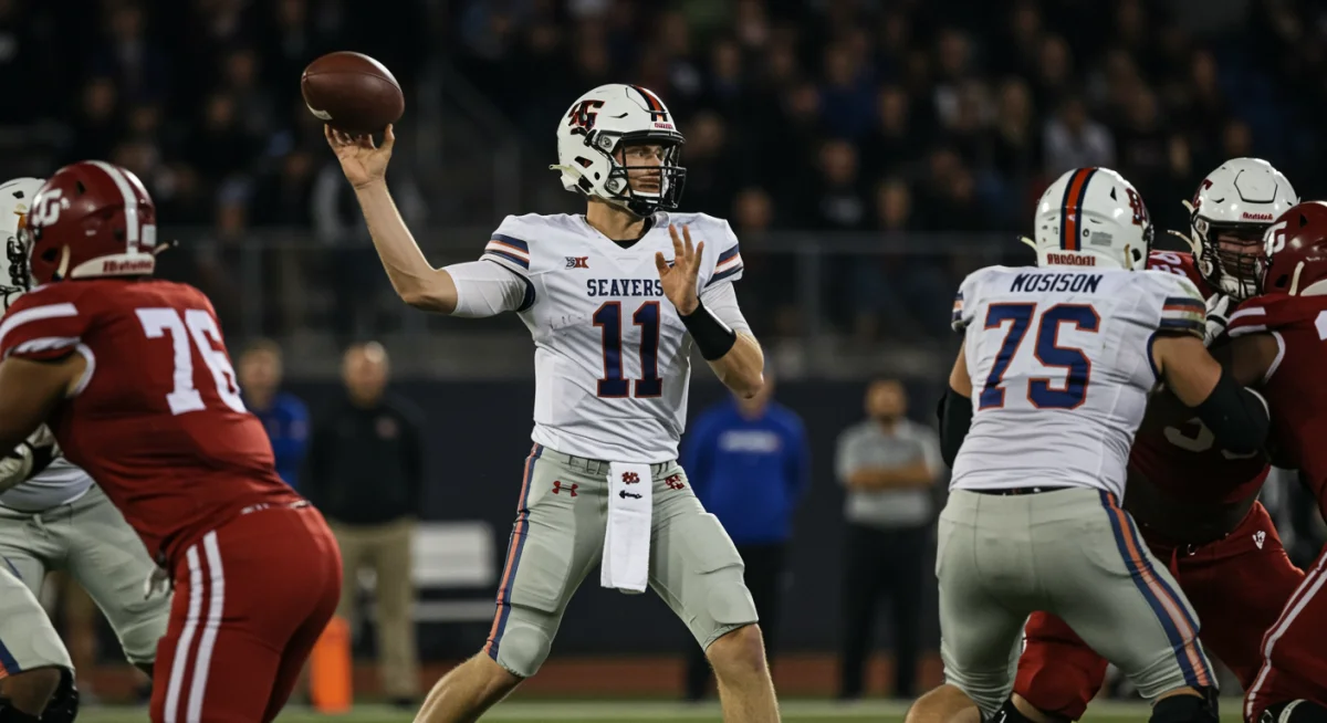 Quarterback under immense pressure making a game-winning throw in a pivotal 2026 NFL game.