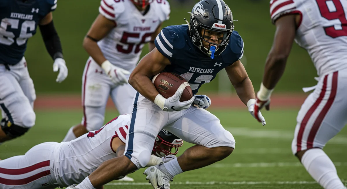 Running back breaking free for a crucial gain in an NFL game