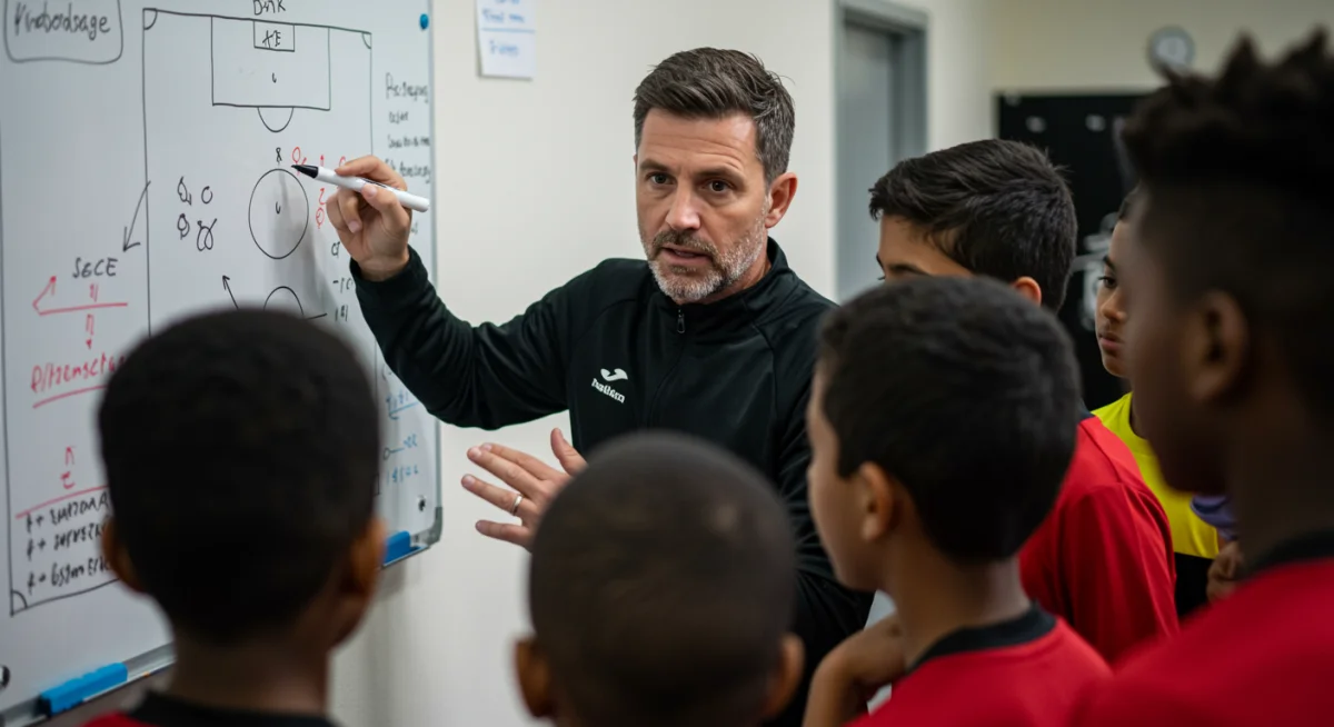 Soccer coach explaining tactics to young players, highlighting coaching development