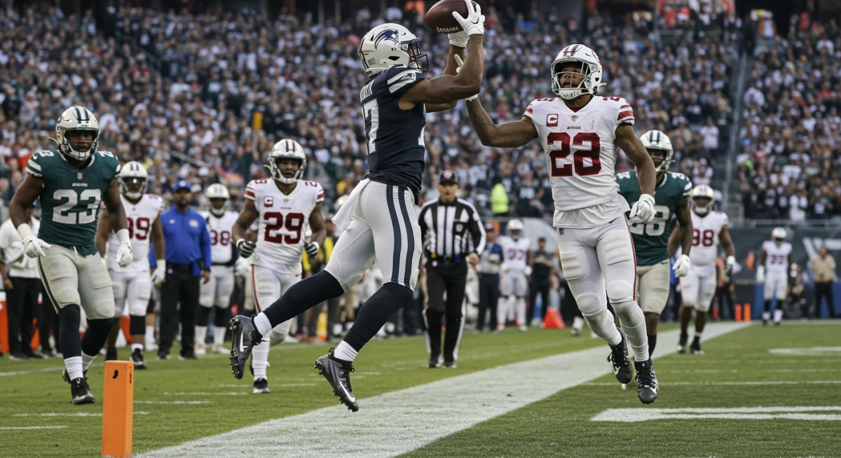 Wide receiver making a one-handed touchdown catch in a 2026 NFL mid-season game.