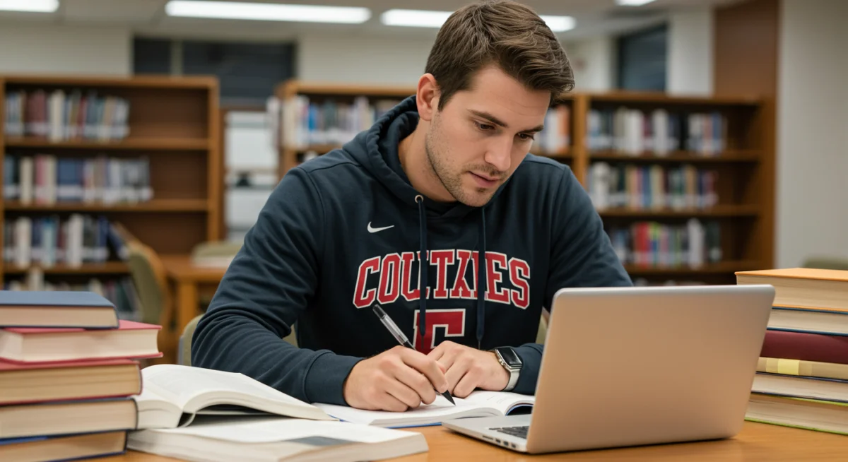 Student-athlete balancing academics and sports, studying in a college library.