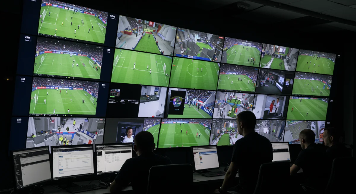 VAR officials meticulously reviewing a play in a control room.