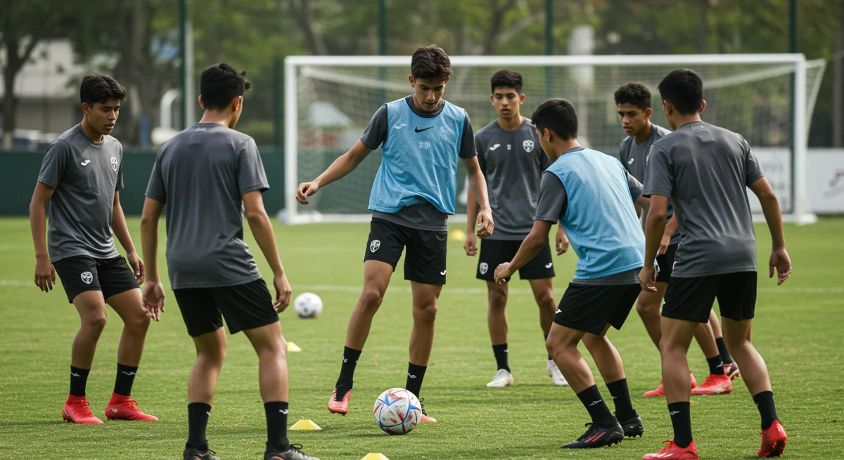 Young soccer players training with a coach, focusing on skill development and teamwork.