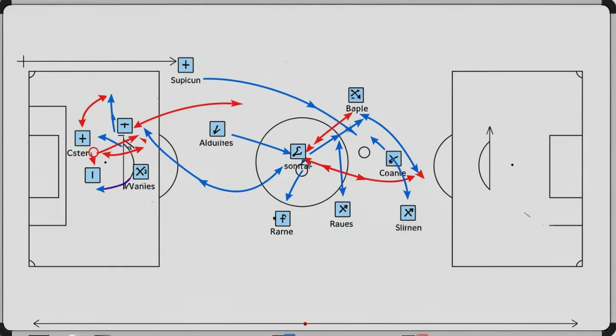 Tactical whiteboard showing 4-3-3 formation with player roles and movements