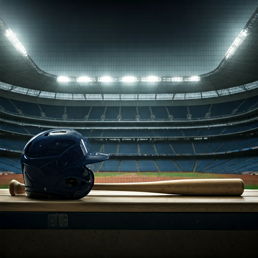 A close-up of a professional baseball helmet and bat resting on a dugout bench in an empty, floodlit stadium, representing commercialized sports.