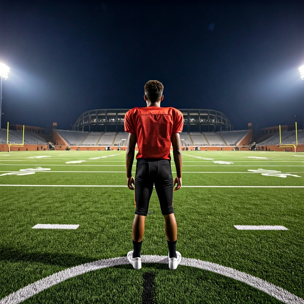 A young athlete on a college field looking towards a professional stadium, symbolizing the transition from amateur to professional sports.