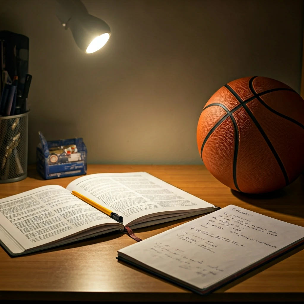 A close-up of a student-athlete's desk with an open textbook, a basketball, and a team playbook, illustrating academic and athletic balance.