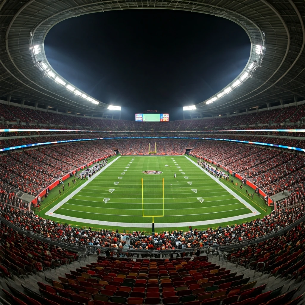 A high-angle view of a packed, modern professional football stadium at night, showcasing the vast scale of global sports venues.