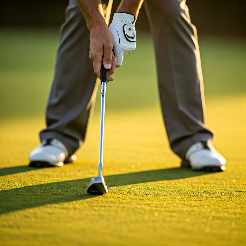 Close-up of a golfer's hands demonstrating a neutral golf grip on a club with proper finger placement and a wide stance on a golf course.