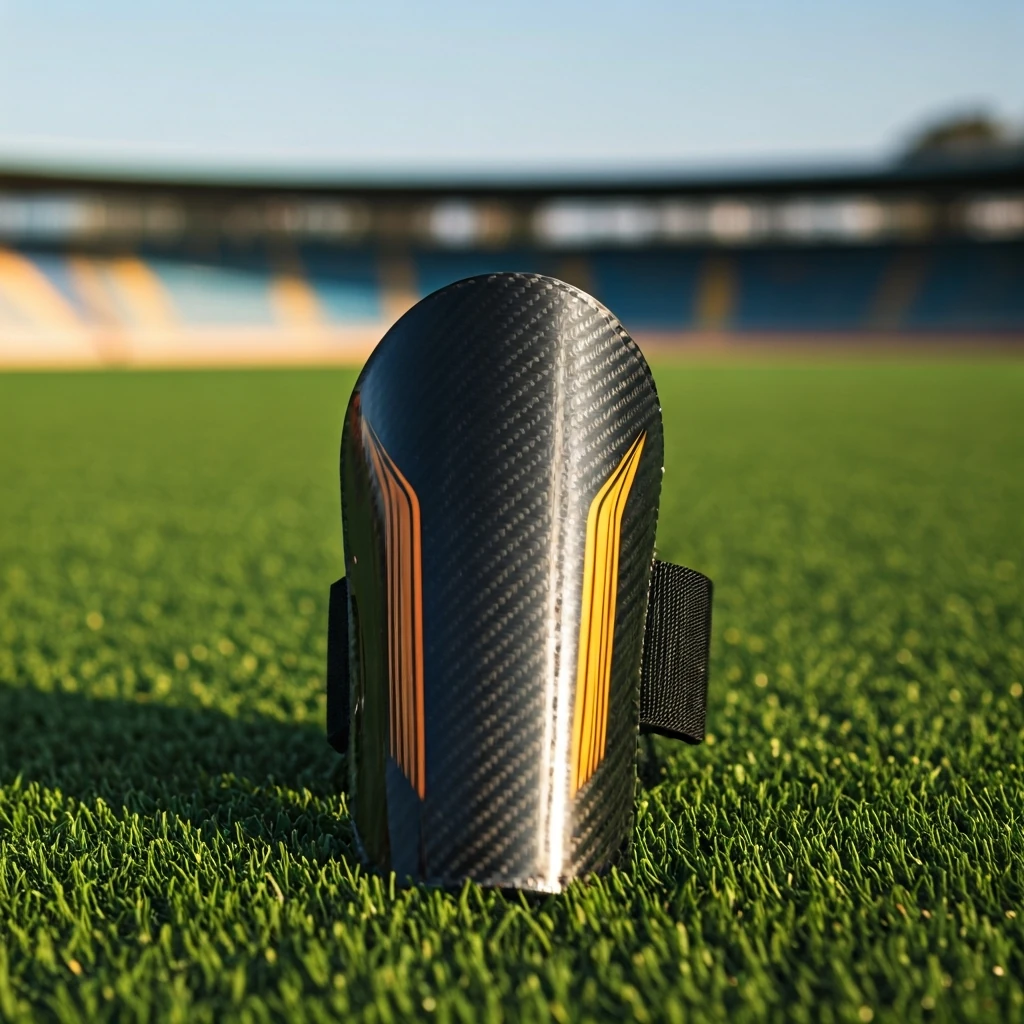 A close-up of a durable soccer shin guard on green artificial turf, symbolizing sports injury prevention.